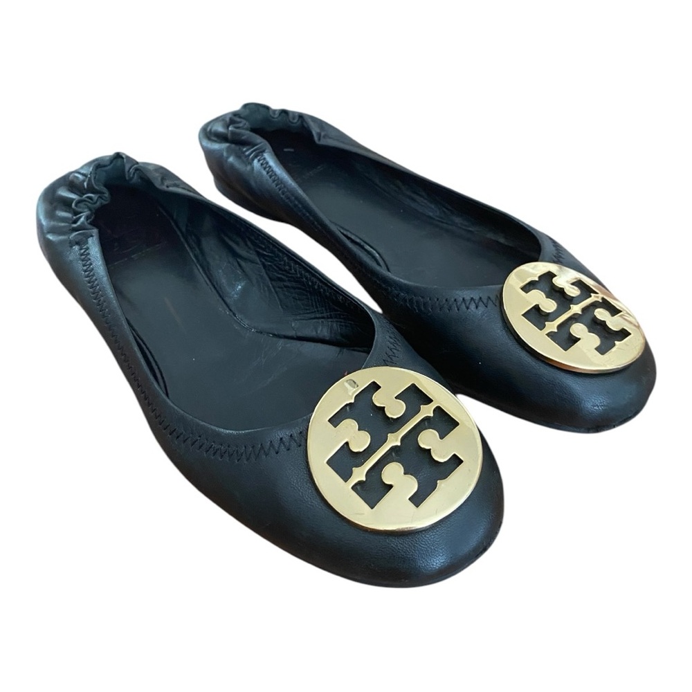 Tory Burch signature black Leather Flats with gold colored buckle size 5.5